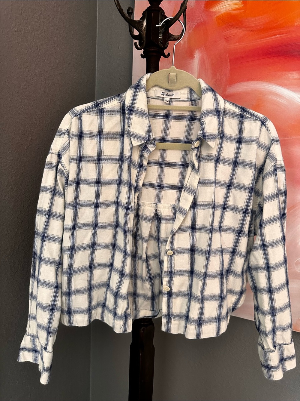 Madewell White and Navy Plaid Cropped Shirt